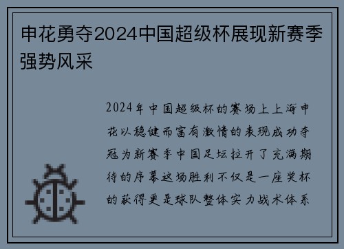 申花勇夺2024中国超级杯展现新赛季强势风采