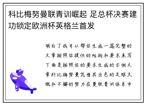 科比梅努曼联青训崛起 足总杯决赛建功锁定欧洲杯英格兰首发